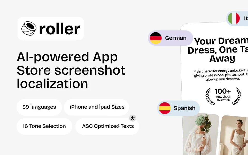 Roller, AI-powered App Store screenshot localization: 39 languages, iPhone and iPad sizes, 16 tones